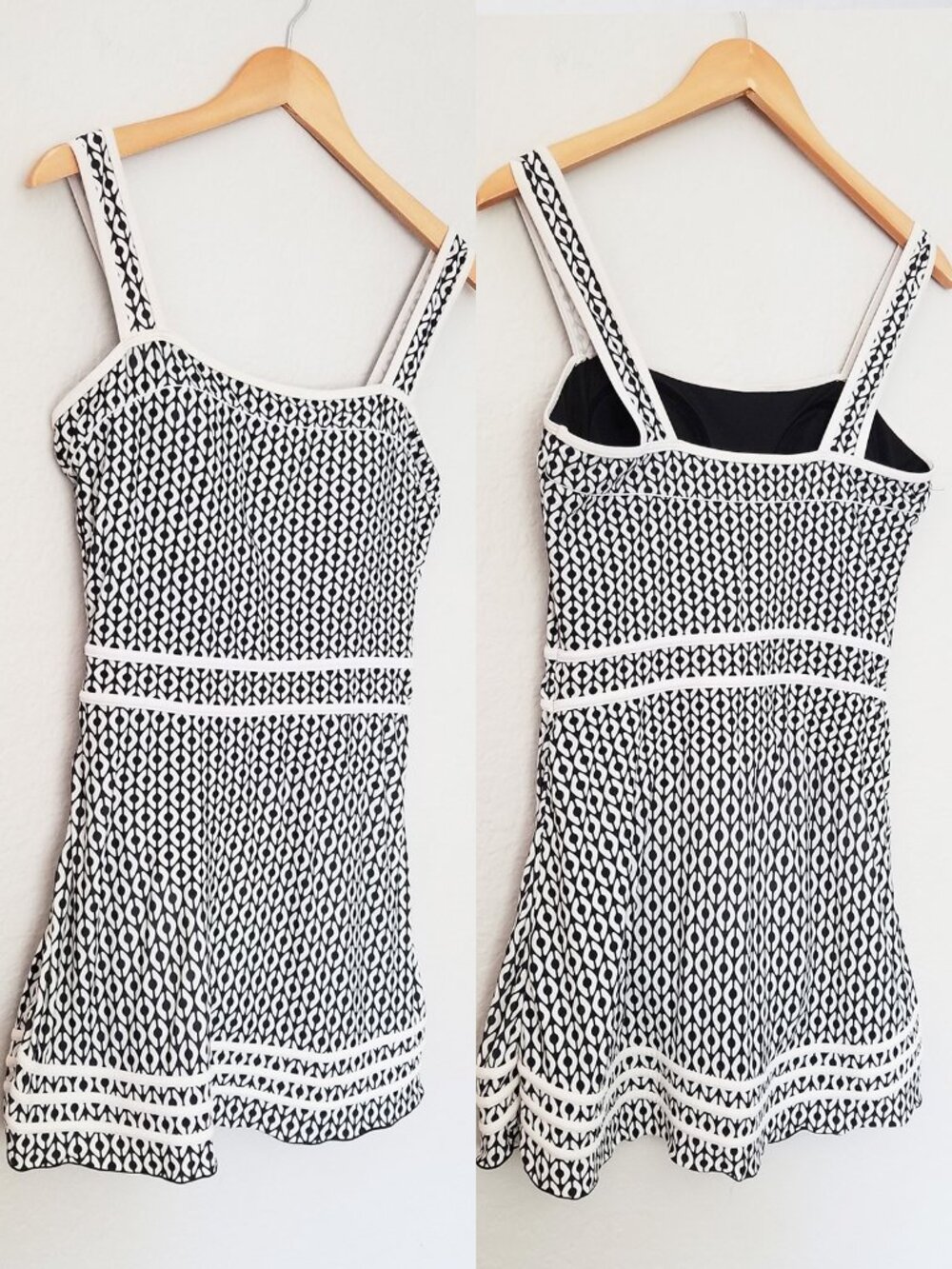 Shore Shapes Swim Dress 12 Black White Geometric 1Piece Tummy Control‎ Skirted